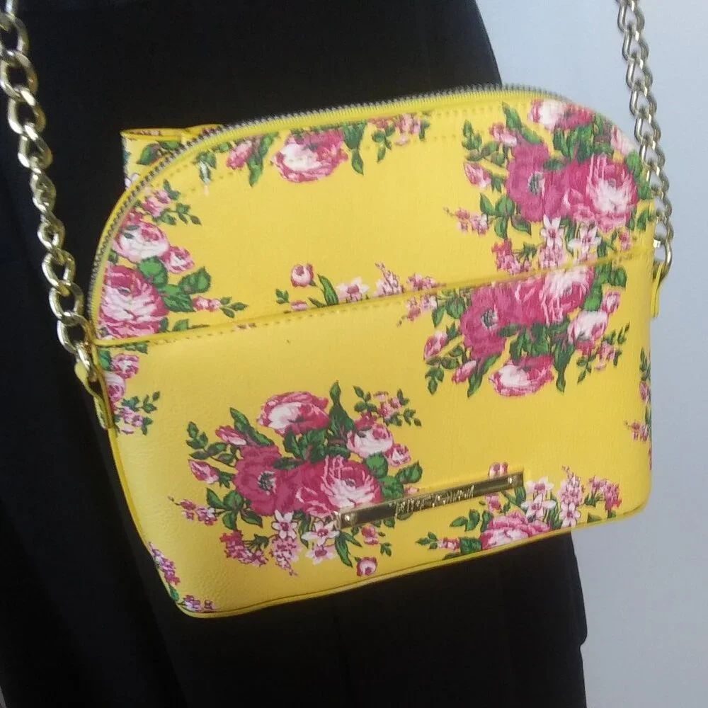 Betsy Johnson Yellow pinks Floral  Bow Dome  Crossbody Shoulder Bag Satchel